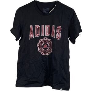 Adidas T Shirt Women's Small Short Sleeve Black Pink Graphic Print NEW